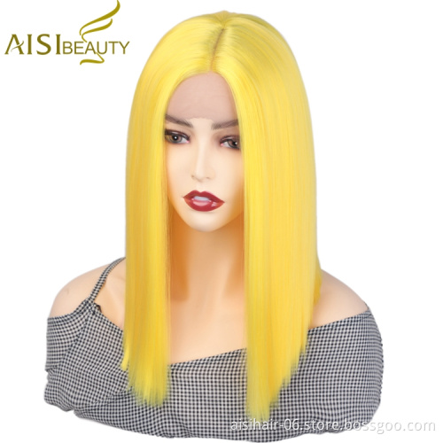 Aisi Beauty Hot Selling Supplier Shoulder Length Silky Straight Middle Part Yellow Synthetic Hair For Black Women Lace Front Wig
